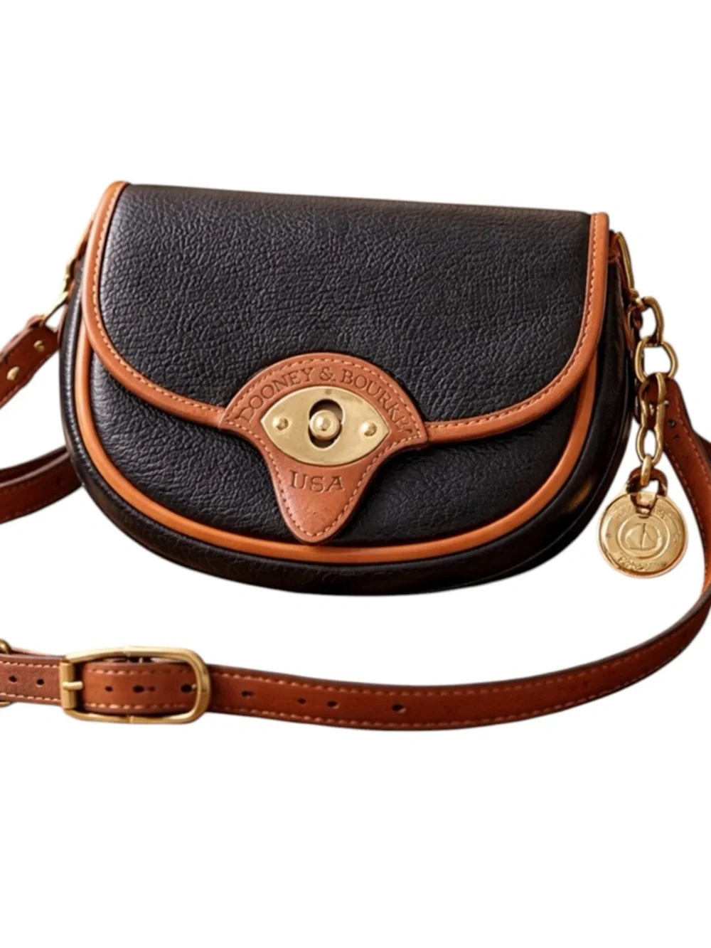 Dooney & Bourke 1980's  Cavalry Trooper  Black -Tan | DB Horseshoe Strap Tabs